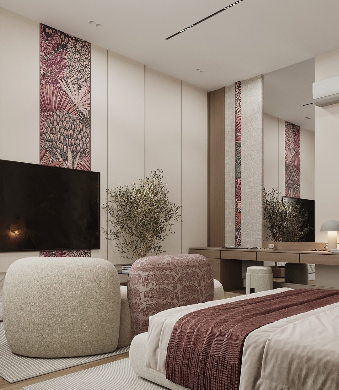 Master bedroom interior by Wijar with patterned panels, olive tree and boucle seating