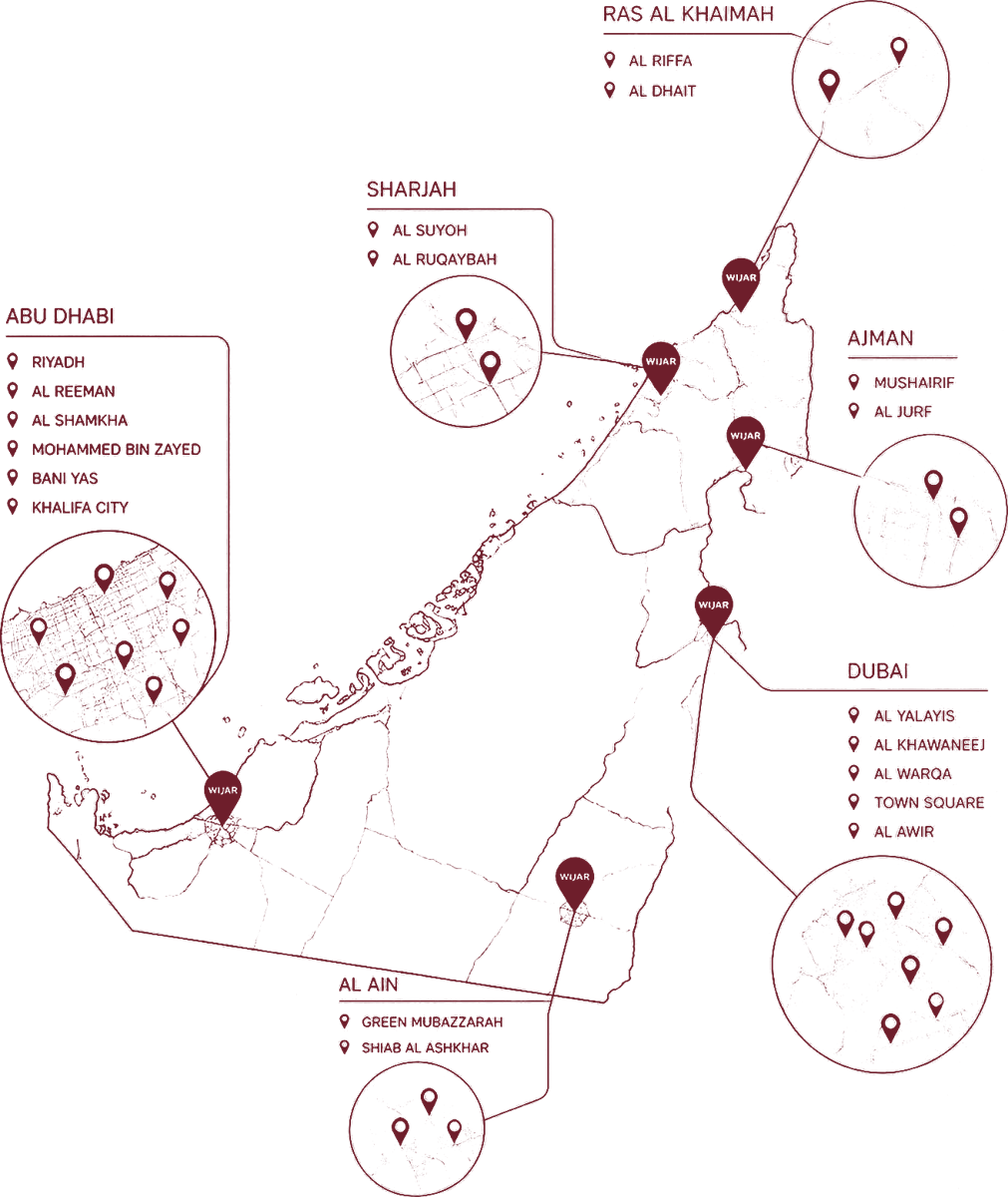Map of the UAE marking Wijar project areas in Abu Dhabi, Al Ain, Dubai, Sharjah, Ajman and Ras Al Khaimah