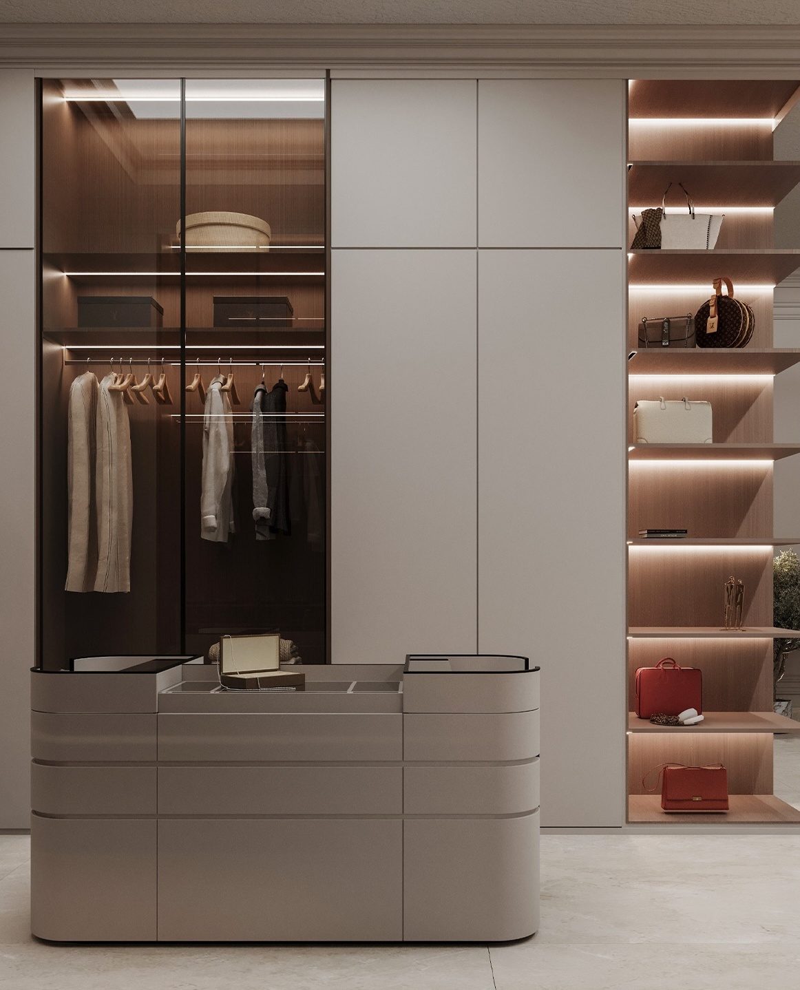 Private dressing room with glass wardrobes, lit shelving and a central island