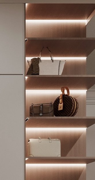 Bronze glass shelving with warm lighting