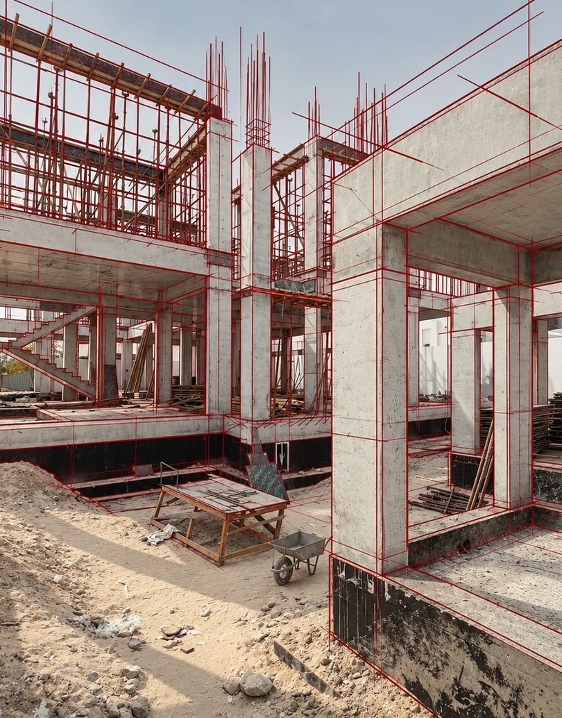 Structure on site with the design overlaid in line drawing